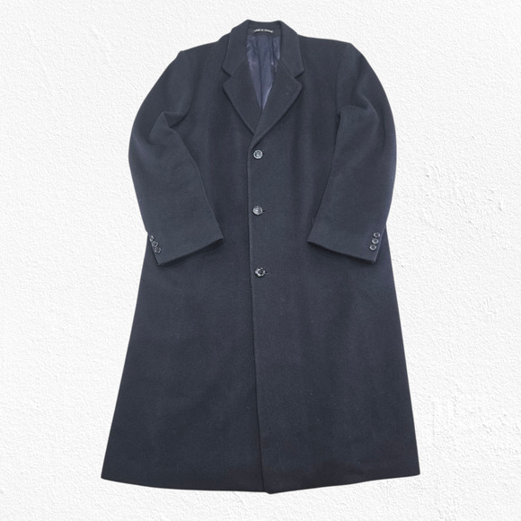Vintage 80s Lord & Taylor Kensington Dark Navy Wool Cashmere Overcoat Size 44R - Picture 1 of 11